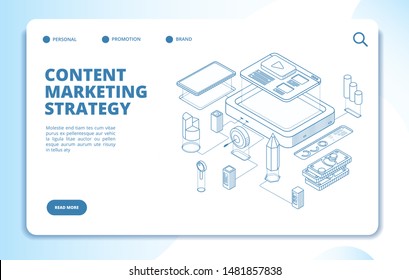 Content marketing. Website, social network publishing, video blog content strategy. Digital promotion 3d isometric vector landing page