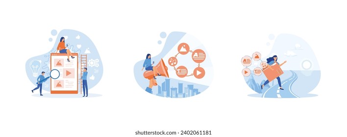Content Marketing. Woman fill web page with content, carries a large folder with media files. set flat vector modern illustration 
