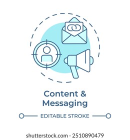 Symbol für das weiche blaue Konzept von Content und Messaging. Marketing-Service, Werbestrategie. Runde Liniendarstellung. Abstrakte Idee. Grafikdesign. Benutzerfreundlich in Infografik, Präsentation