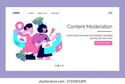 Das Konzept der Content-Moderation wird durch eine Vektorgrafik dargestellt, in der zwei Personen digitale Inhalte mit Fokus und Konzentration in einem modernen Interface-Design analysieren.