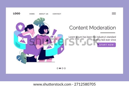 Content moderation vector illustration depicting a team analyzing digital media elements on a website interface. The team is engaged in reviewing and organizing online content for compliance.