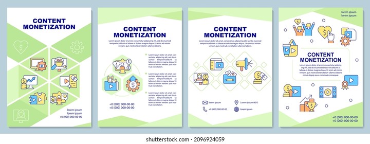 Content monetization brochure template. Earn money from media. Booklet print design with linear icons. Vector layouts for presentation, annual reports, ads. Arial-Black, Myriad Pro-Regular fonts used