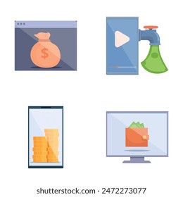 Content monetization icons set cartoon vector. Way to make money online. Modern technology