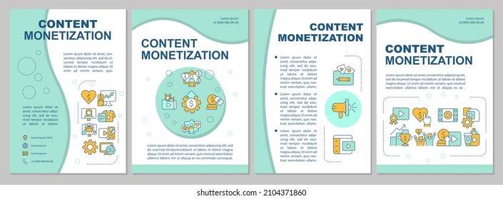 Content monetization mint brochure template. Earn money online. Booklet print design with linear icons. Vector layouts for presentation, annual reports, ads. Arial-Black, Myriad Pro-Regular fonts used