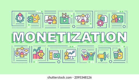 Content monetization word concepts green banner. Earn money from content. Infographics with linear icons on background. Isolated typography. Vector color illustration with text. Arial-Black font used