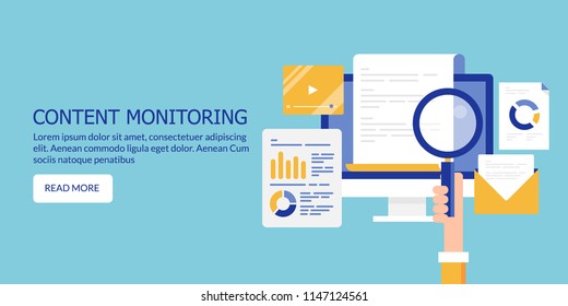 Content monitoring, content analysis, Web media analytics flat style vector banner
