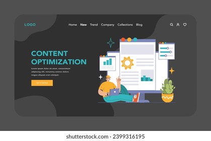 Content optimization dark or night mode web, landing. Analyzing and improving website information architecture. Data-driven approach for user engagement. Flat vector illustration.