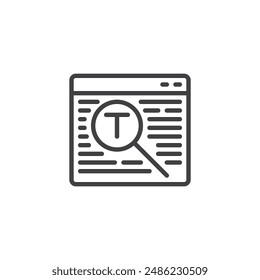 Content Optimization line icon. linear style sign for mobile concept and web design. Web page with text and magnifying glass outline vector icon. Symbol, logo illustration. Vector graphics