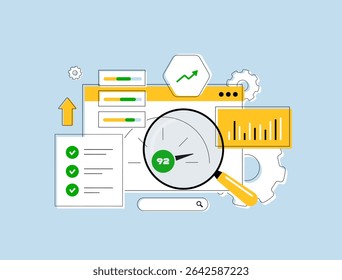 Processo de otimização de conteúdo com análise de palavras-chave de pesquisa, pontuação de legibilidade, links de qualidade e lista de verificação de SEO. Planejamento de seo da estratégia de otimização de conteúdo. Ilustração de vetor de contorno de design plano