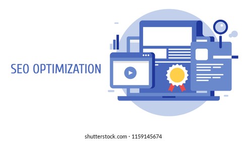 Content optimization, SEO content marketing, Digital media advertising flat design vector banner with icons and texts