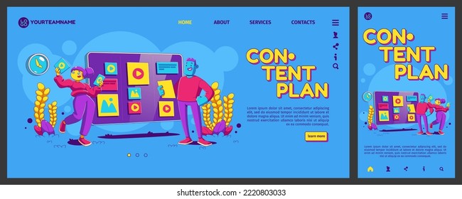 Banner del plan de contenido con personas que trabajan con calendario, programar con iconos en pantalla. Concepto de publicaciones en medios sociales, página de inicio flexible vector con ilustración de estilo contemporáneo