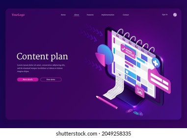 Content plan banner. Service for organization work in social media, optimization tasks, marketing management. Vector landing page with isometric computer screen with planner