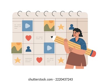 Konzept des Content-Plans Mädchen, die Notizen im Kalender mit einem großen Bleistift machen. Planen von Social-Media-Posts. Internetmarketing. Vektorgrafik einzeln auf weißem Hintergrund. Trendfarbener Cartoon-Stil