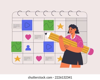 Concepto de plan de contenido. Niña haciendo notas en el calendario. Programando publicaciones en medios sociales. marketing en Internet. Ilustración vectorial dibujada a mano aislada en fondo blanco. Estilo moderno de dibujos animados planos.