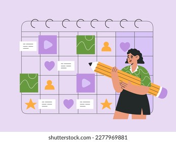 Content plan concept. Girl making notes on the calendar. Scheduling social media posts. Internet marketing. Hand drawn vector illustration isolated on purple background, flat cartoon style.