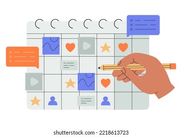 Concepto de plan de contenido. Mano humana con lápiz haciendo notas en el calendario. Programando publicaciones en medios sociales. marketing en Internet. Ilustración vectorial dibujada a mano aislada en fondo blanco, estilo plano.