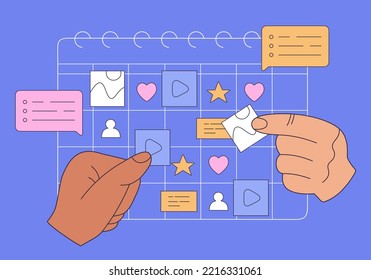 Content plan concept, internet marketing. Planning and promotion publication in networks and websites. Hand drawn vector illustration isolated on blue background, modern flat cartoon style.