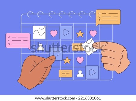 Content plan concept, internet marketing. Planning and promotion publication in networks and websites. Hand drawn vector illustration isolated on blue background, modern flat cartoon style.
