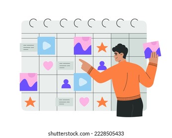 Concepto de plan de contenido. El hombre planifica el proceso de trabajo en el calendario. Promoción de publicaciones en medios sociales. marketing en Internet. Ilustración vectorial dibujada a mano aislada en fondo blanco, estilo de caricatura plana.