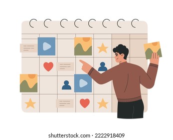 Concepto de plan de contenido. Proceso de trabajo de planificación de Marketer en el calendario. Publicación de promoción en redes y sitios web. Ilustración vectorial dibujada a mano aislada en fondo blanco, estilo de caricatura plana