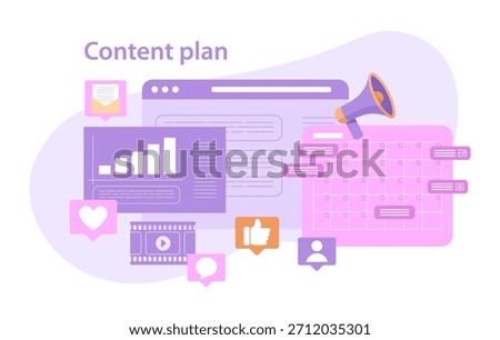 Content Plan Concept. Strategic planning for social media and  websites content for more audience outreach. Flat vector illustration.
