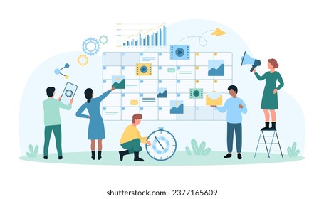 Ilustración vectorial de creación de planes de contenido. Las personas que hacen caricaturas investigan y crean un calendario de publicación en los medios sociales en calendario, estrategia y planificación para la publicidad de marketing y la promoción de marca