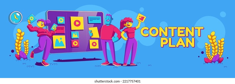 Content plan strategy banner with contemporary seo characters planning campaign near schedule. Social media marketing, ads, blogging, promotion in social network, Cartoon linear vector illustration