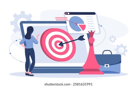 Content plan woman. Businesswoman with chess piece and target. Goal setting and motivation. Planning and scheduling. Time management and organization of efficient workflow. Flat vector illustration