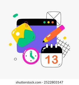 Tools für die Inhaltsplanung, einschließlich Kalender, Uhr und Büromaterial für Planung und Organisation. Flache Vektorgrafik über Produktivität und Zeitmanagement, einzeln auf Weiß