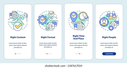Content principles onboarding mobile app screen. Business promotion walkthrough 4 steps editable graphic instructions with linear concepts. UI, UX, GUI template. Myriad Pro-Bold, Regular fonts used