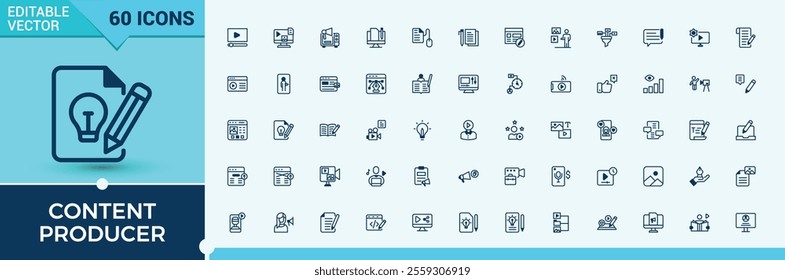 Content Producer icon set. Includes thin line influencer, record, media, internet, sound and more. Isolated icons design. Solid line editable vector illustration.