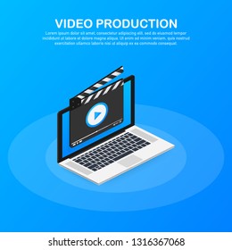 Content production, development, article writing, video. Video production. Vector stock illustration.