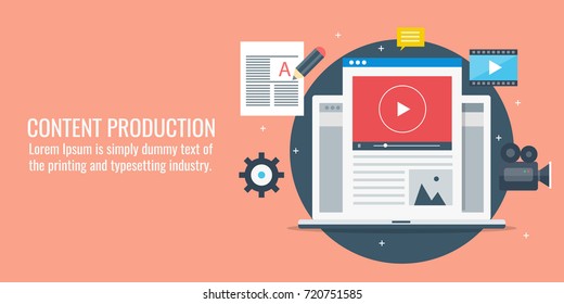 Content production, development, article writing, video flat vector banner with icons