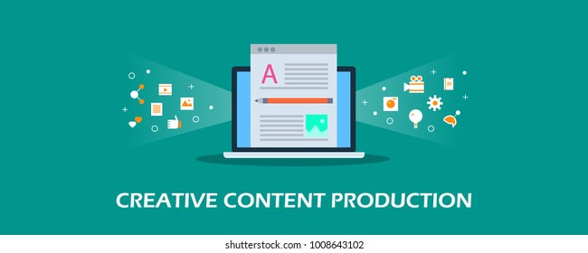 Content Production, Development, Creative Content Marketing Flat Vector Illustration With Icons