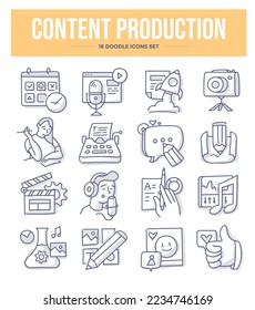 Content production. Doodle icons collection. Creating professional content for video, media and podcasts: unlocking the power of writing, feedback and analytics