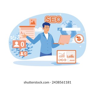 Content production without SEO content audit. Men create digital promotion strategies and content production. Blog Promotion concept. Flat vector illustration.