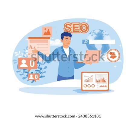 Content production without SEO content audit. Men create digital promotion strategies and content production. Blog Promotion concept. Flat vector illustration.