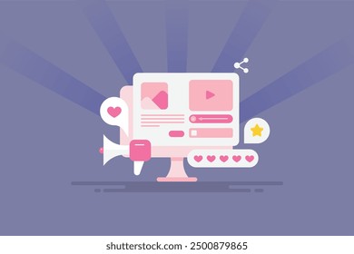 Content promotion, Blog marketing, Sharing content on social media, Contents getting like, shares, comments and views, Digital marketing campaign - vector illustration with icons