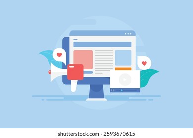 Content promotion on internet, Content marketing concept, Branded content, Web content development - vector illustration with icons