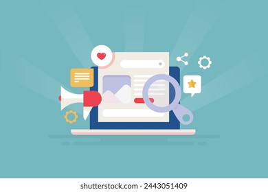 Content promotion on search engine, Social media content marketing, Audience engaged with content, likes, share, blog publication - vector illustration with icons