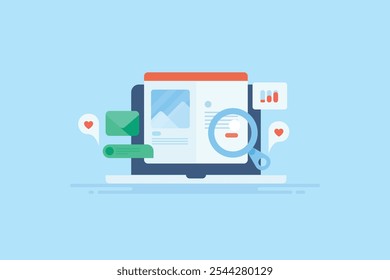 Estrategia de promoción de contenido, Marketing de contenido por correo electrónico, Análisis de contenido, Análisis de tráfico de Sitios web, Publicidad digital - fondo de Ilustración vectorial con iconos