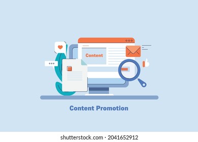 content promotion strategy, Successful content marketing, Brand content marketing - flat design vector illustration with icons