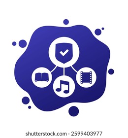 content protection, copyrighted material icon, video, music and books vector