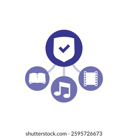 content protection icon, copyrighted material, video, music and books vector