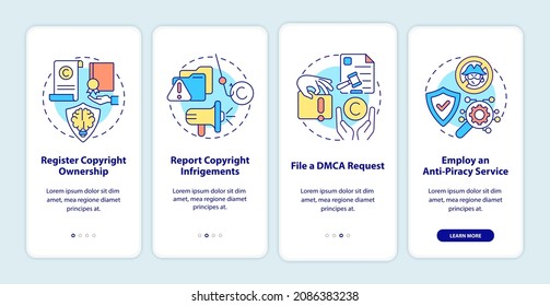 Content protection onboarding mobile app page screen. Registered ownership walkthrough 4 steps graphic instructions with concepts. UI, UX, GUI vector template with linear color illustrations