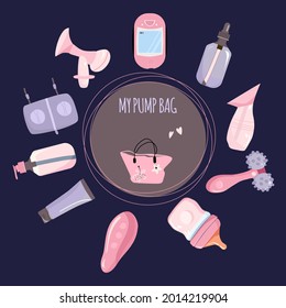 Content of pump bag illustration. World Breastfeeding week. Lactation accessories set. Hands free bra, nipple cream and massager. Nursing products in hand drawn style.Nutrition and baby care,maternity