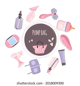Content of pump bag illustration. World Breastfeeding week. Lactation accessories set. Hands free bra, nipple cream and massager. Nursing products in hand drawn style.Nutrition and baby care,maternity