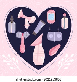 Content of pump bag illustration. World Breastfeeding week. Lactation accessories set. Bra, cream and massager. Nursing products in hand drawn style.Nutrition and baby care,maternity
