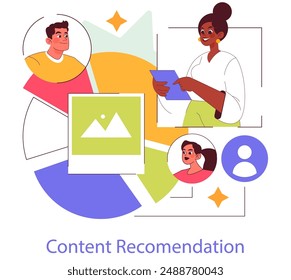 Content Recommendation concept. Digital content sharing and personalized user experience. Engaging customers through tailored suggestions. Vector illustration.