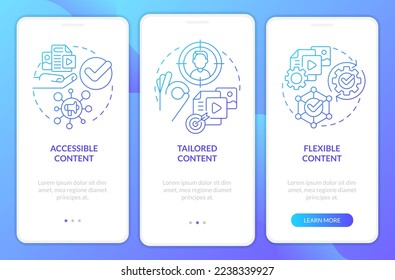 Content requirements blue gradient onboarding mobile app screen. Principles walkthrough 3 steps graphic instructions with linear concepts. UI, UX, GUI template. Myriad Pro-Bold, Regular fonts used
